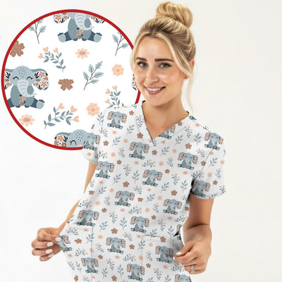 Cute Elephant Floral Print Scrub Top, Comfortable Scrubs for Nurses