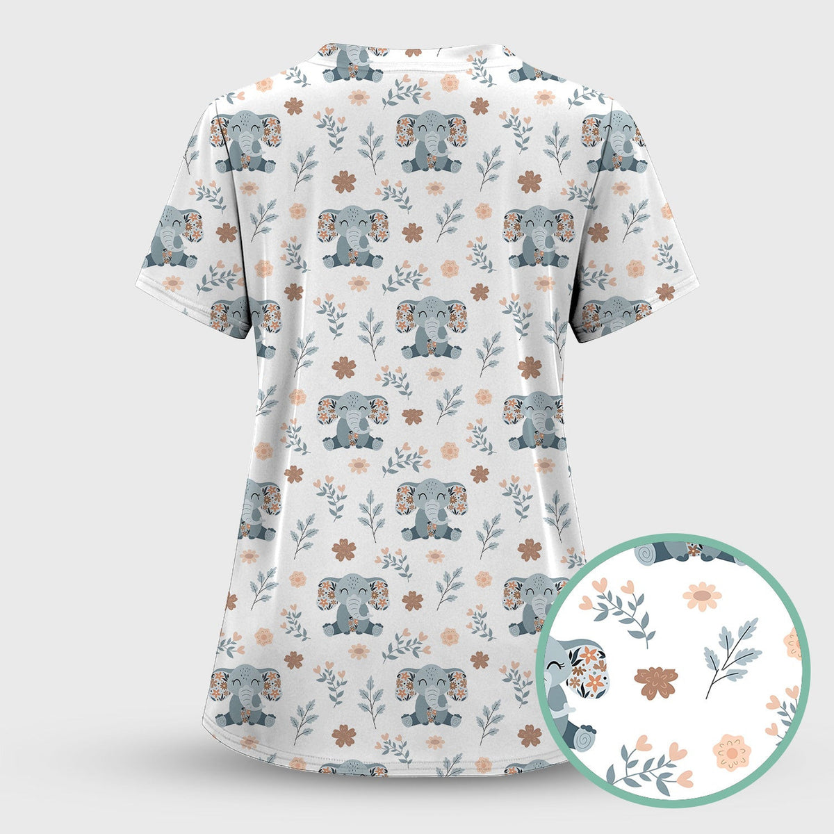 Cute Elephant Floral Print Scrub Top, Comfortable Scrubs for Nurses