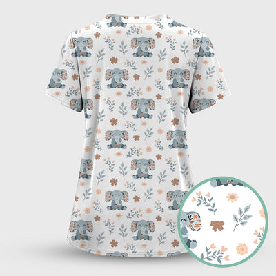 Cute Elephant Floral Print Scrub Top, Comfortable Scrubs for Nurses