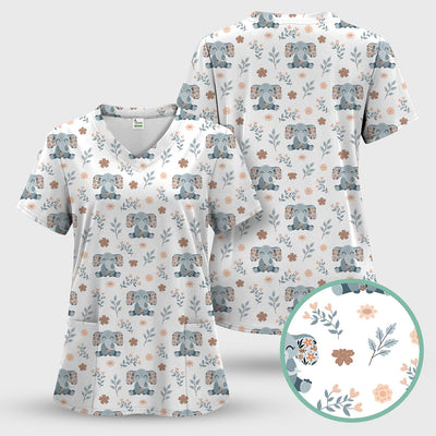 Cute Elephant Floral Print Scrub Top, Comfortable Scrubs for Nurses