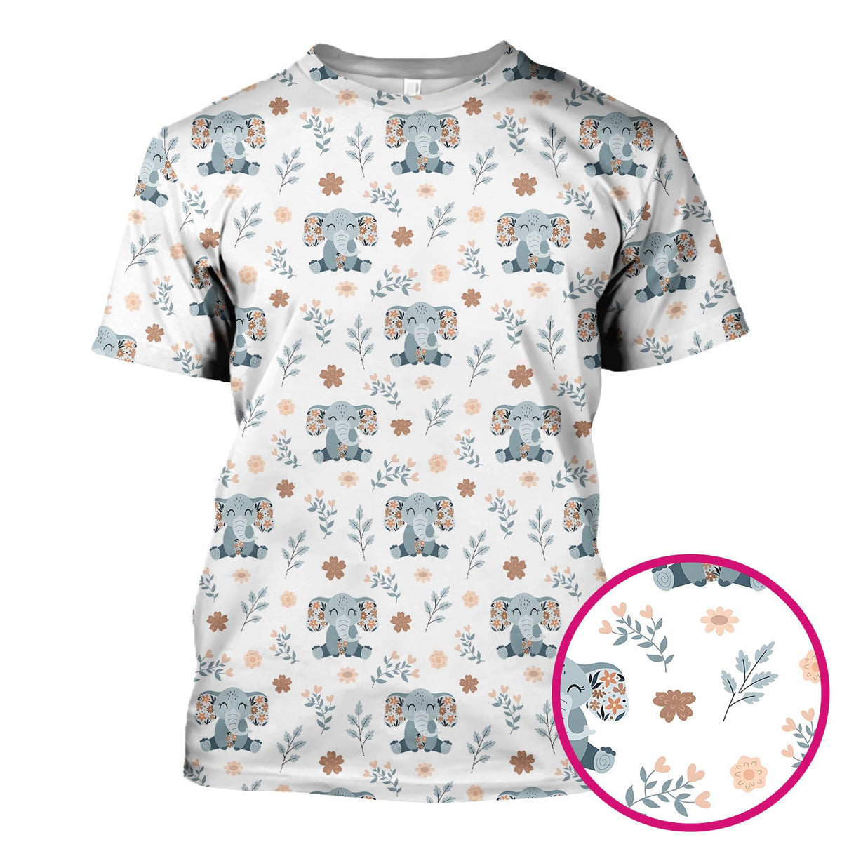 Cute Elephant Floral Print Scrub Top, Comfortable Scrubs for Nurses