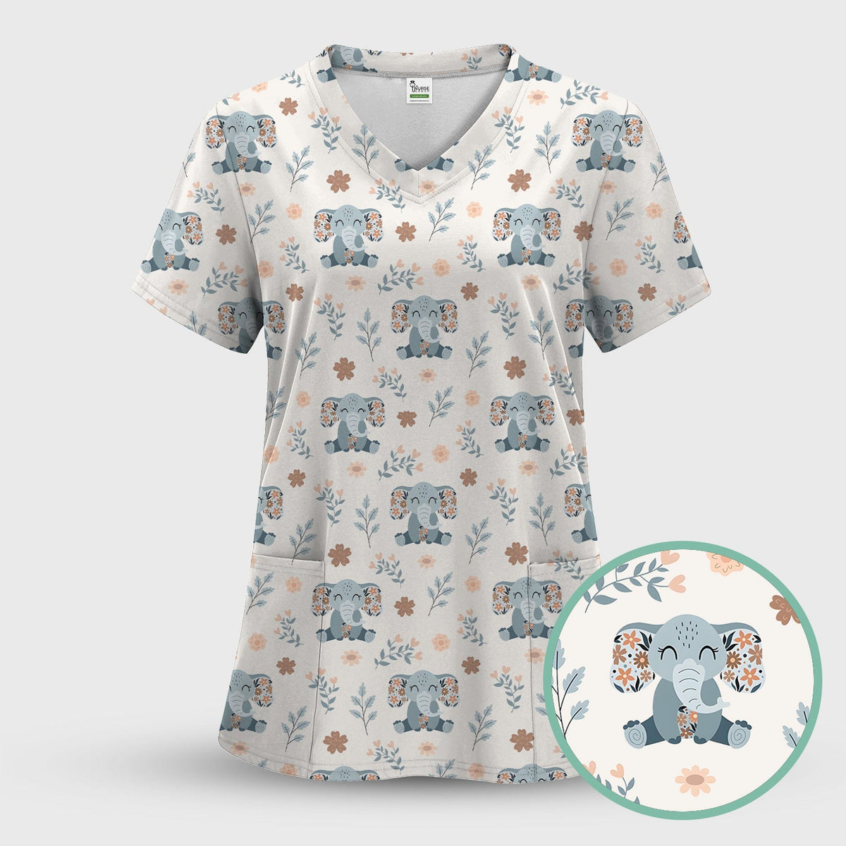 Cute Elephant Floral Print Scrub Top, Comfortable Scrubs for Nurses