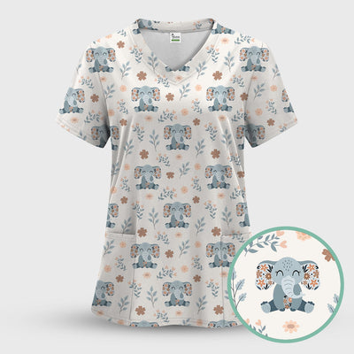 Cute Elephant Floral Print Scrub Top, Comfortable Scrubs for Nurses
