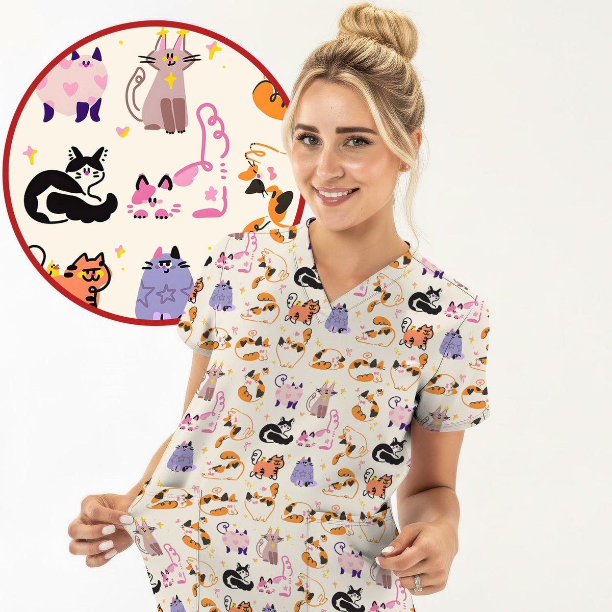 Funny Cat Pattern Scrub Top, Cute Cats Nursing Uniform For Women