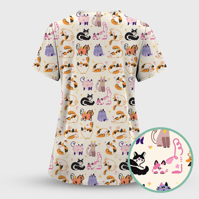 Funny Cat Pattern Scrub Top, Cute Cats Nursing Uniform For Women