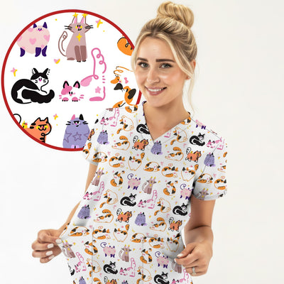 Funny Cat Pattern Scrub Top, Cute Cats Nursing Uniform For Women