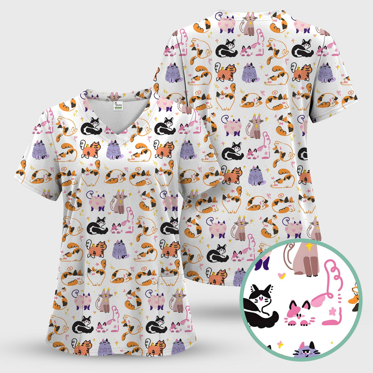 Funny Cat Pattern Scrub Top, Cute Cats Nursing Uniform For Women