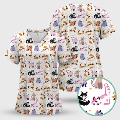 Funny Cat Pattern Scrub Top, Cute Cats Nursing Uniform For Women