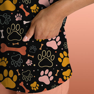 Cute Paw Print Dog Pattern Scrub Top, Comfortable Scrubs for Nurses
