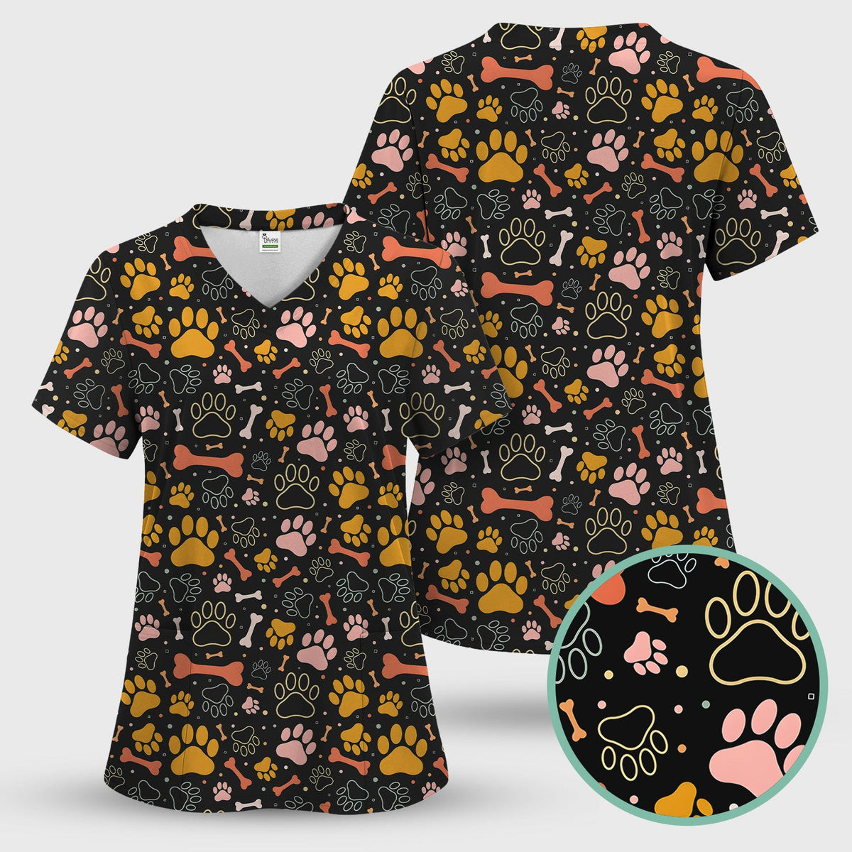 Cute Paw Print Dog Pattern Scrub Top, Comfortable Scrubs for Nurses
