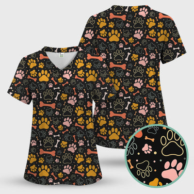 Cute Paw Print Dog Pattern Scrub Top, Comfortable Scrubs for Nurses