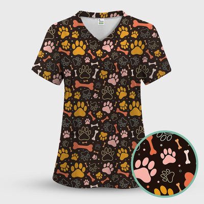 Cute Paw Print Dog Pattern Scrub Top, Comfortable Scrubs for Nurses