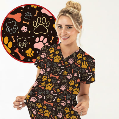Cute Paw Print Dog Pattern Scrub Top, Comfortable Scrubs for Nurses