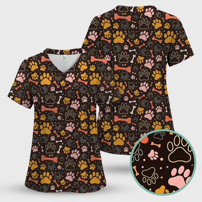 Cute Paw Print Dog Pattern Scrub Top, Comfortable Scrubs for Nurses