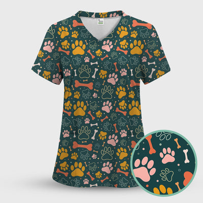 Cute Paw Print Dog Pattern Scrub Top, Comfortable Scrubs for Nurses