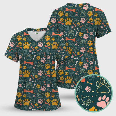 Cute Paw Print Dog Pattern Scrub Top, Comfortable Scrubs for Nurses