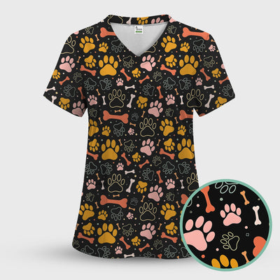 Cute Paw Print Dog Pattern Scrub Top, Comfortable Scrubs for Nurses