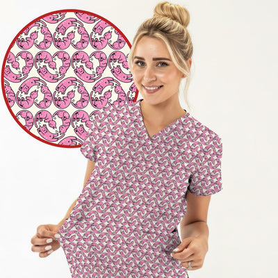 Cute Pink Cat Cartoon Pattern Scrub Top, Comfortable Scrubs for Nurses