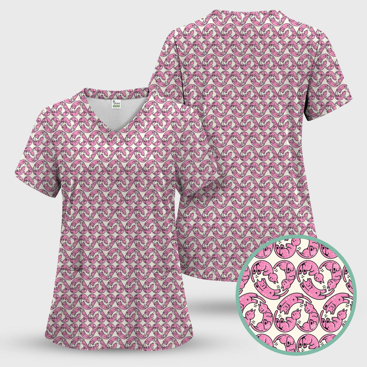 Cute Pink Cat Cartoon Pattern Scrub Top, Comfortable Scrubs for Nurses