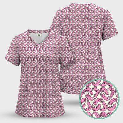 Cute Pink Cat Cartoon Pattern Scrub Top, Comfortable Scrubs for Nurses