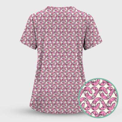 Cute Pink Cat Cartoon Pattern Scrub Top, Comfortable Scrubs for Nurses