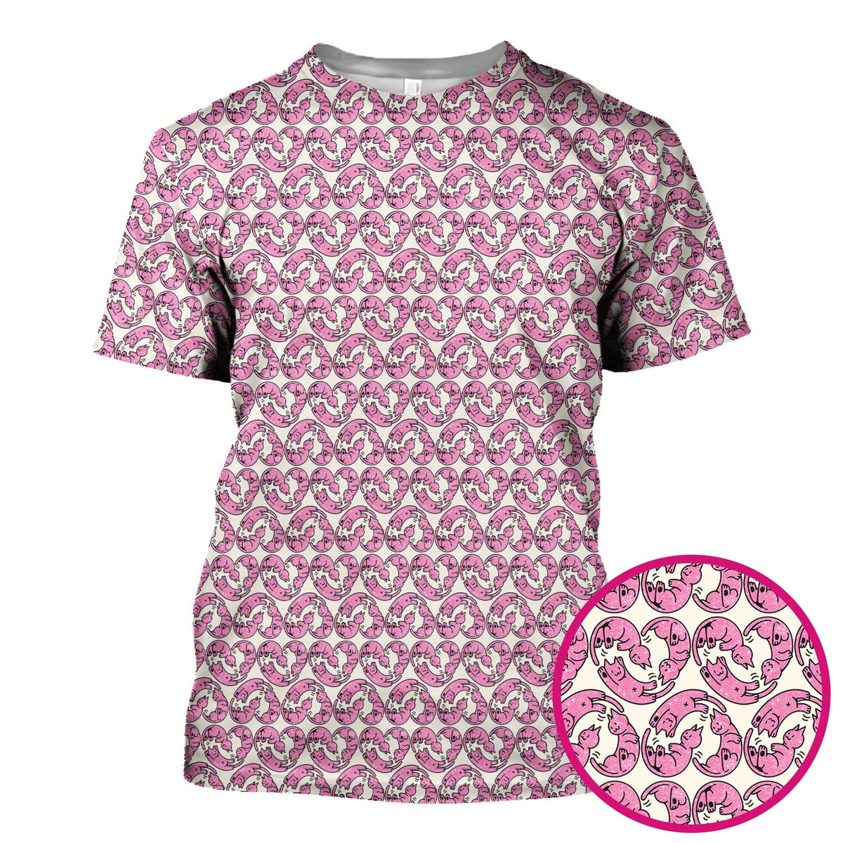 Cute Pink Cat Cartoon Pattern Scrub Top, Comfortable Scrubs for Nurses