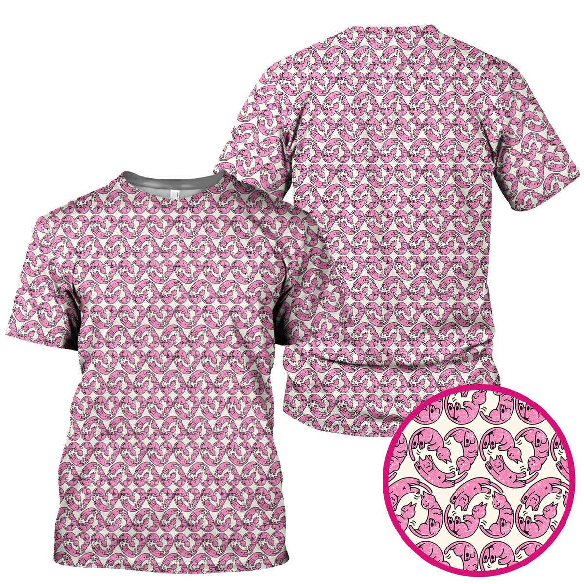 Cute Pink Cat Cartoon Pattern Scrub Top, Comfortable Scrubs for Nurses