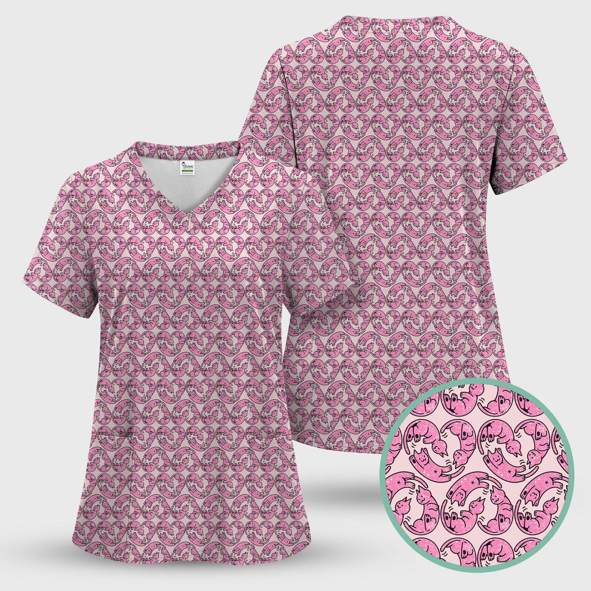 Cute Pink Cat Cartoon Pattern Scrub Top, Comfortable Scrubs for Nurses