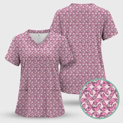 Cute Pink Cat Cartoon Pattern Scrub Top, Comfortable Scrubs for Nurses
