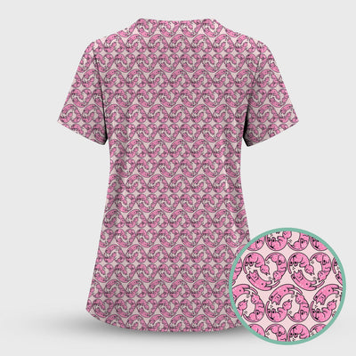 Cute Pink Cat Cartoon Pattern Scrub Top, Comfortable Scrubs for Nurses