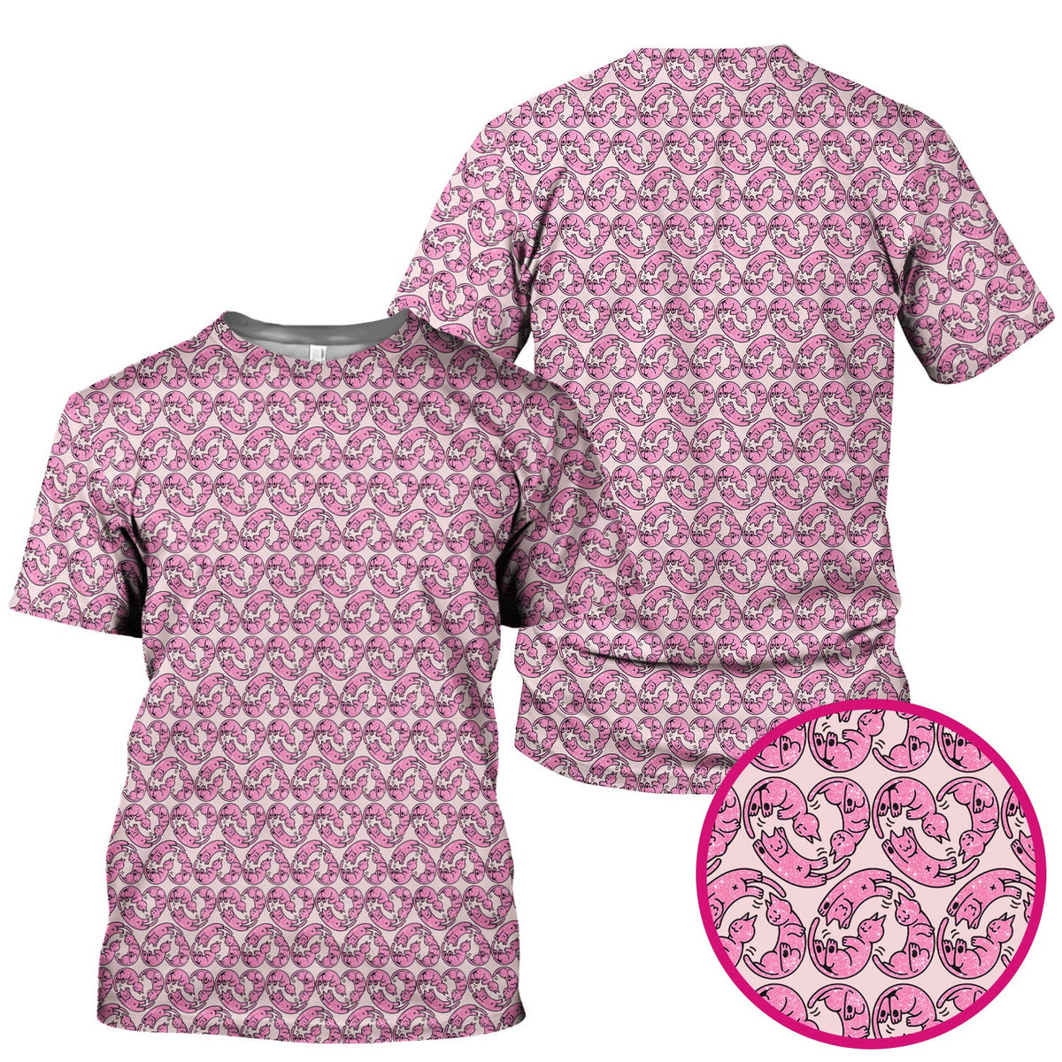 Cute Pink Cat Cartoon Pattern Scrub Top, Comfortable Scrubs for Nurses