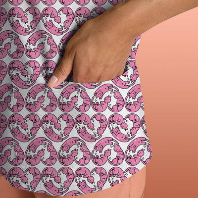 Cute Pink Cat Cartoon Pattern Scrub Top, Comfortable Scrubs for Nurses