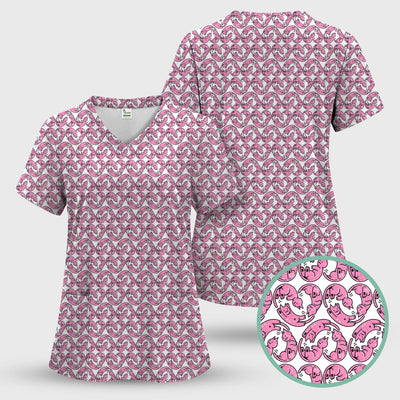 Cute Pink Cat Cartoon Pattern Scrub Top, Comfortable Scrubs for Nurses