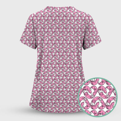 Cute Pink Cat Cartoon Pattern Scrub Top, Comfortable Scrubs for Nurses