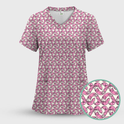 Cute Pink Cat Cartoon Pattern Scrub Top, Comfortable Scrubs for Nurses