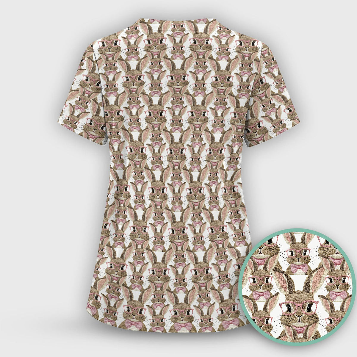 Cute Bunny With Glasses Pattern Scrub Top, Breathable Fabrics Nursing Uniform, Easter