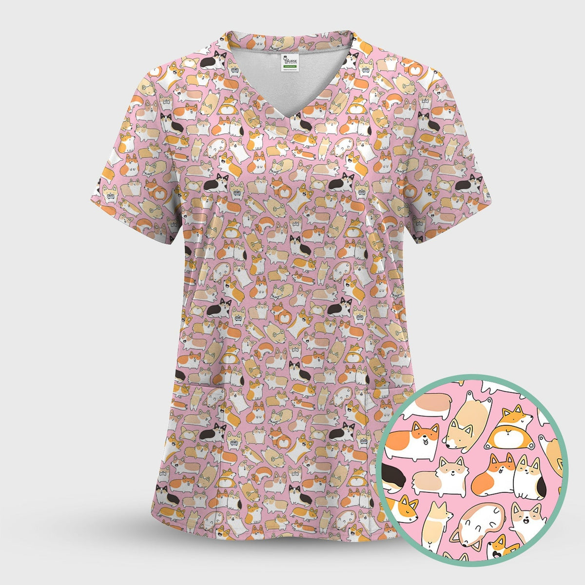 Cute Corgi Dog All Over Print Scrub Top, Comfortable Scrubs for Nurses