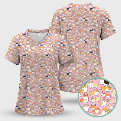 Cute Corgi Dog All Over Print Scrub Top, Comfortable Scrubs for Nurses