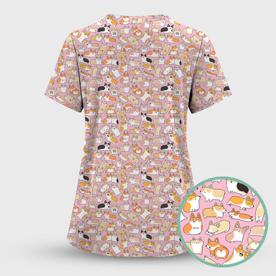 Cute Corgi Dog All Over Print Scrub Top, Comfortable Scrubs for Nurses