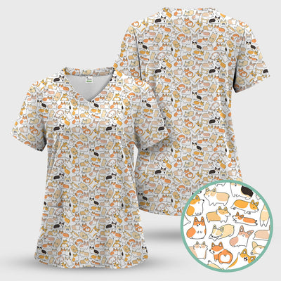 Cute Corgi Dog All Over Print Scrub Top, Comfortable Scrubs for Nurses