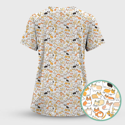 Cute Corgi Dog All Over Print Scrub Top, Comfortable Scrubs for Nurses