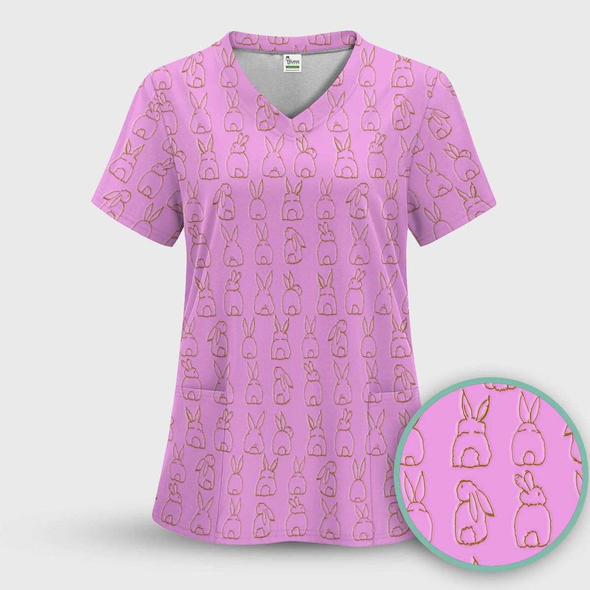 Cartoon Bunny Line Art Pattern Medical Scrub Top, Comfortable Scrubs for Nurses, Easter
