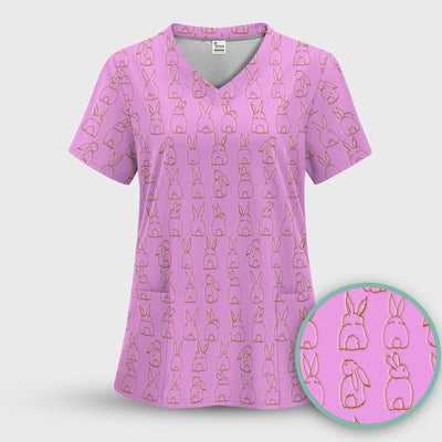 Cartoon Bunny Line Art Pattern Medical Scrub Top, Comfortable Scrubs for Nurses, Easter