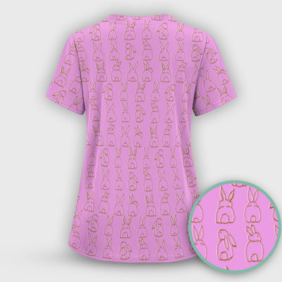 Cartoon Bunny Line Art Pattern Medical Scrub Top, Comfortable Scrubs for Nurses, Easter