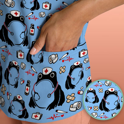 Cute Frog Nurse Medical Print Scrub Top, Comfortable Scrubs for Nurses