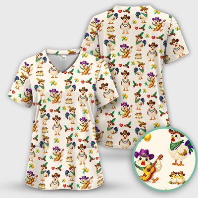 Funny Mardi Gras Rooster Cowboy Print Scrub Top, Comfortable Scrubs for Nurses