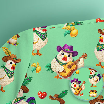 Funny Mardi Gras Rooster Cowboy Print Scrub Top, Comfortable Scrubs for Nurses