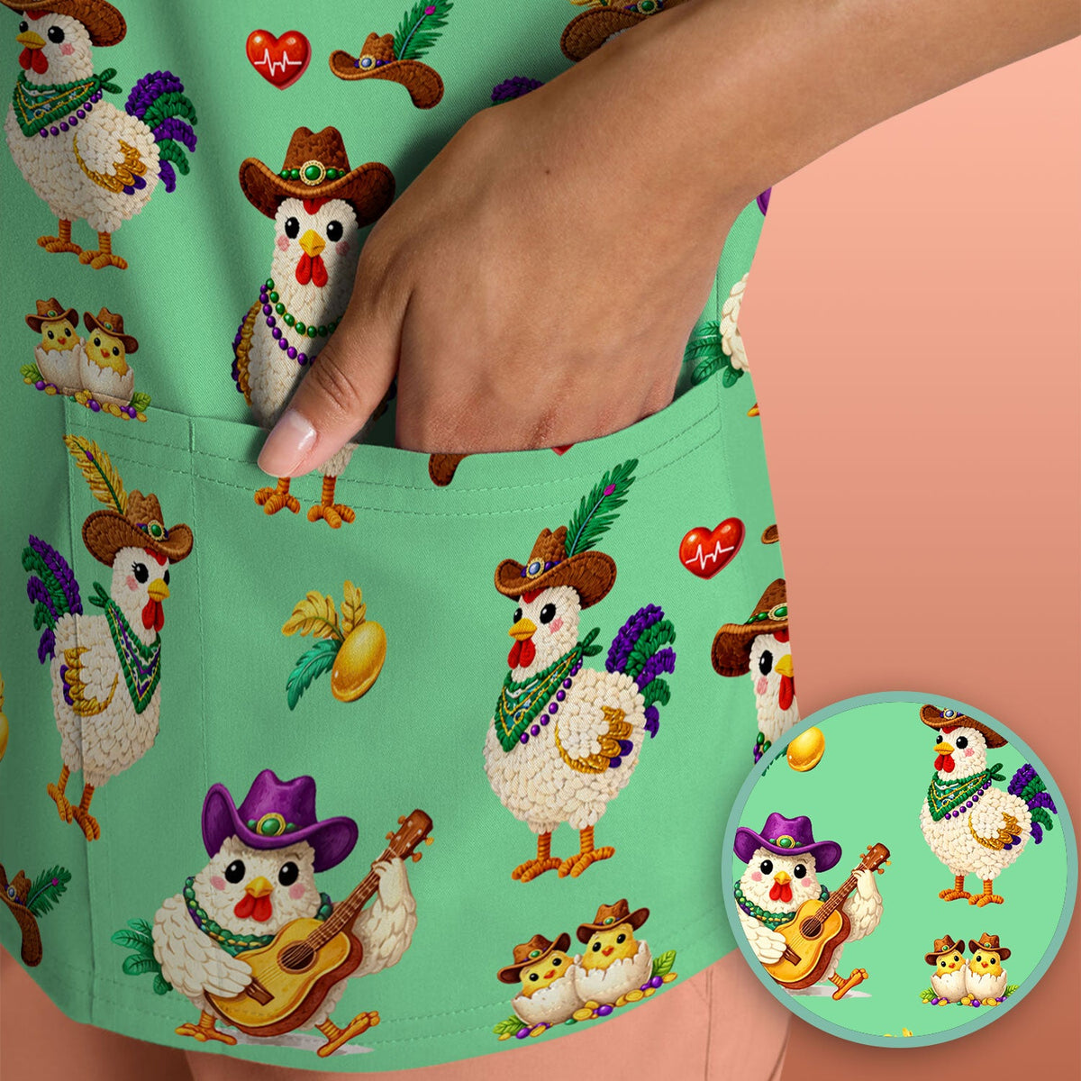 Funny Mardi Gras Rooster Cowboy Print Scrub Top, Comfortable Scrubs for Nurses
