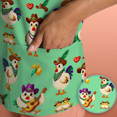 Funny Mardi Gras Rooster Cowboy Print Scrub Top, Comfortable Scrubs for Nurses
