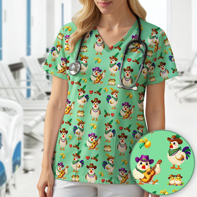 Funny Mardi Gras Rooster Cowboy Print Scrub Top, Comfortable Scrubs for Nurses